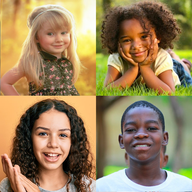 Four children smiling joyfully in various settings, showcasing diverse hairstyles and expressions in a vibrant, warm atmosphere.