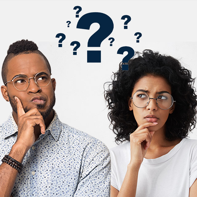 Two individuals, one male and one female, appear contemplative with question marks floating above their heads, reflecting curiosity or confusion.