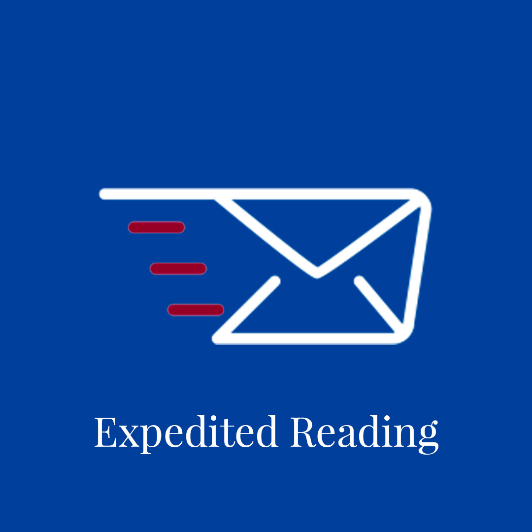 A blue background features a sleek, stylized envelope with motion lines, accompanied by the text 'Expedited Reading' in an elegant font.