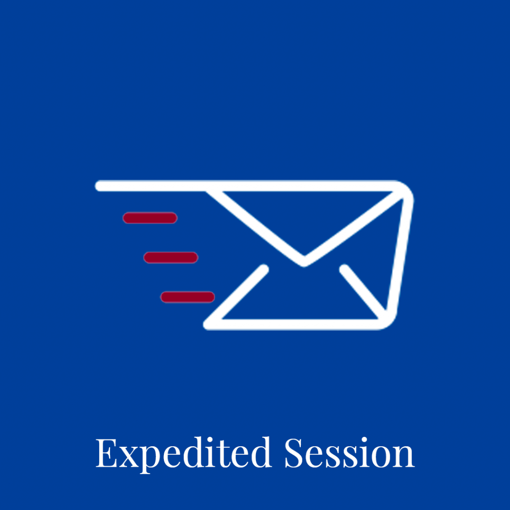 An illustrated envelope icon with motion lines, symbolizing speed, set against a blue background, labeled 'Expedited Session'.