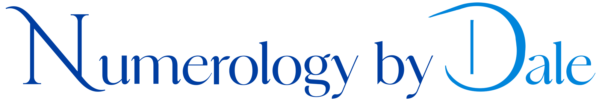 Stylized logo featuring the words 'Numerology by Dale' in a blue, elegant font.